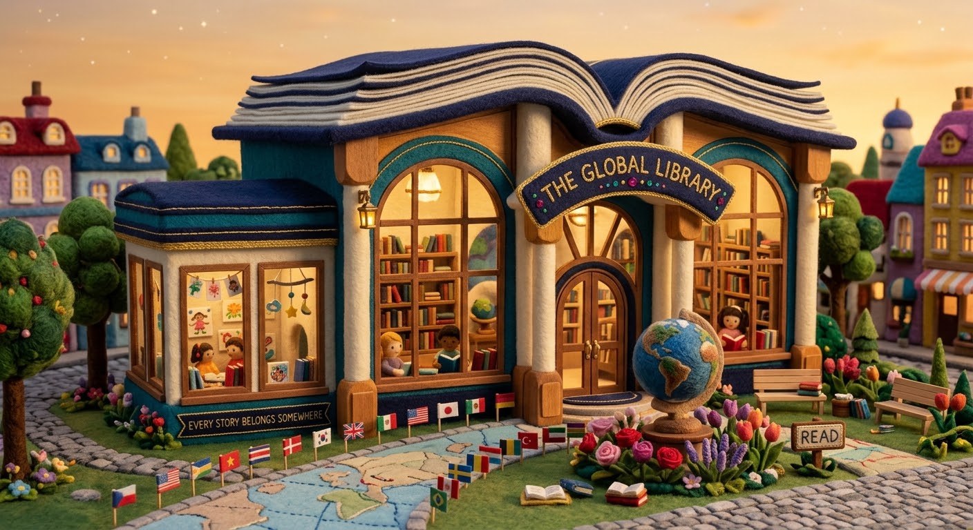 The Global Library, a felt building with an open-book roof, glowing windows full of books, children reading inside, a felt globe out front and flags from around the world along a map-shaped path.